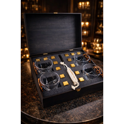 Набір для віскі Moltis Premium з металевими кубиками — 4 склянки, подарункова дерев’яна коробка