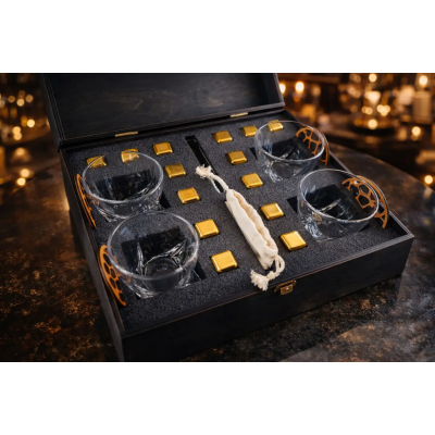 Набір для віскі Moltis Premium з металевими кубиками — 4 склянки, подарункова дерев’яна коробка