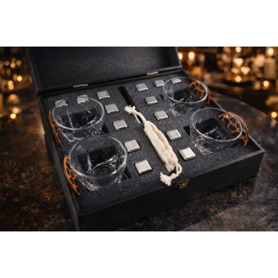 Подарочный набор для виски Moltis Premium — 4 стакана, металлические охлаждающие кубики, деревянный бокс