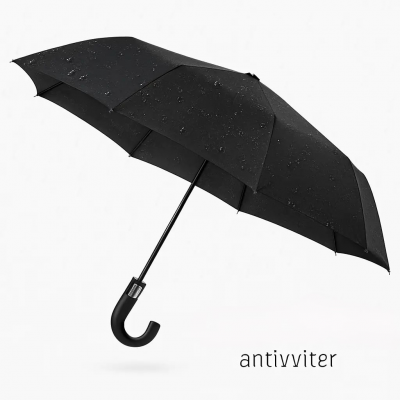 Мужской зонт полуавтомат черный Calm Rain, 3 сложения, антиветер, 10 спиц, 105 см