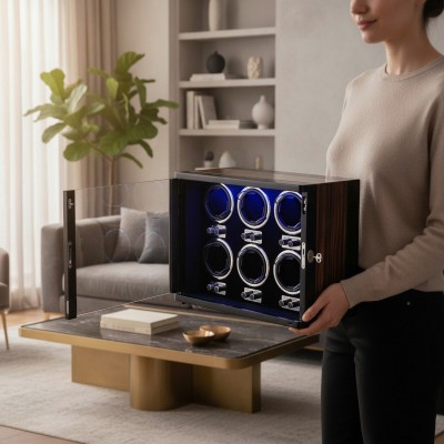 Шкатулка-вайндер 6 часов Bluetooth RGB дерево стекло замок 10200