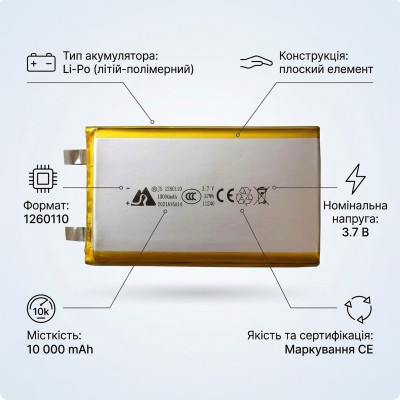 Батарея Li-Po 10000mAh 37Wh 3.7В формат 1260110 плоская
