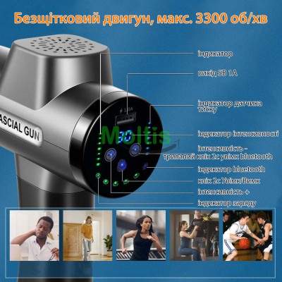 Ручной массажер Fascial Gun SM F-08 (массажный пистолет) в кейсе с удобной ручкой (Bluetooth + Power Bank)